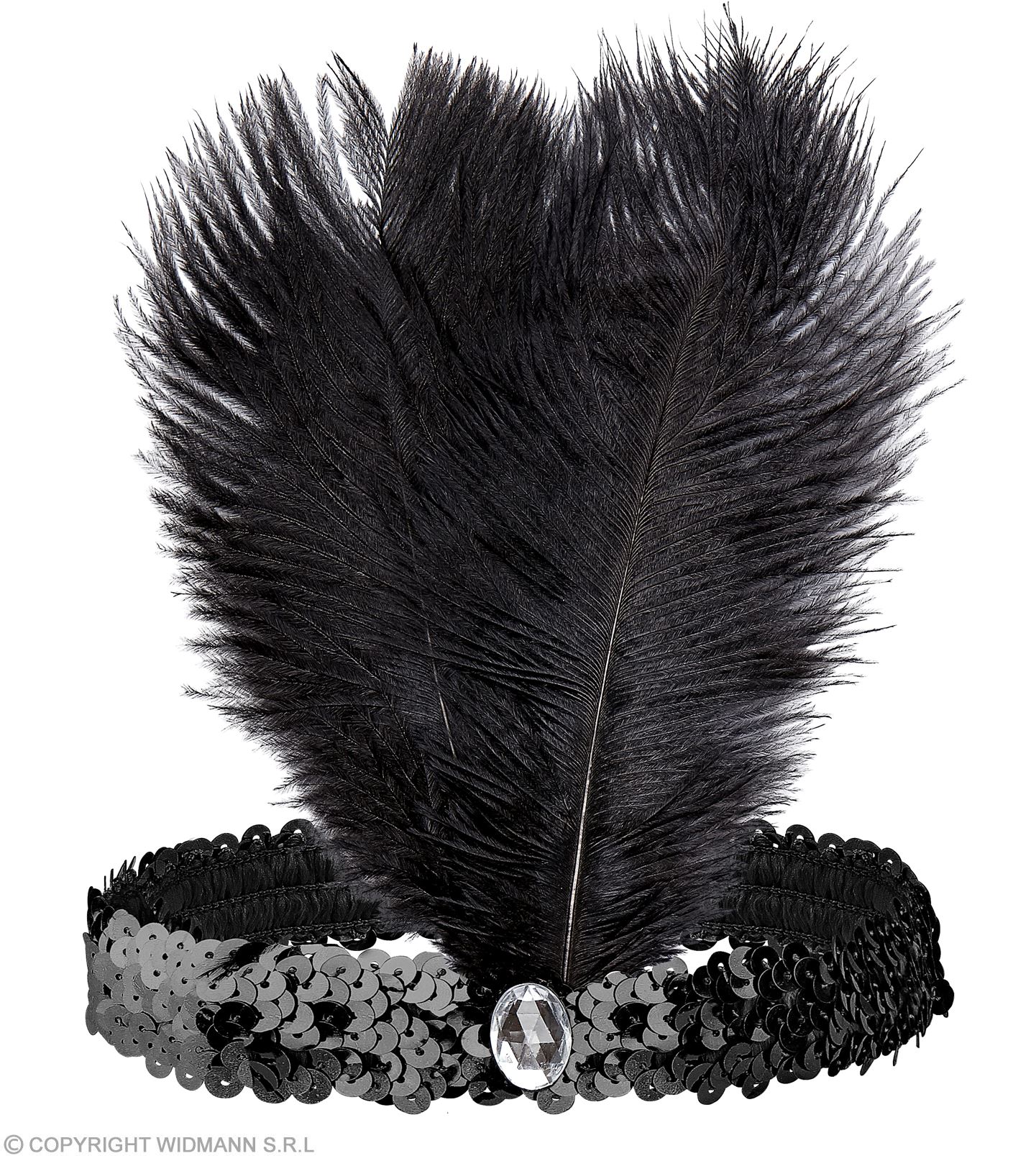 Fascia nera in paillettes con 2 piume e gemma